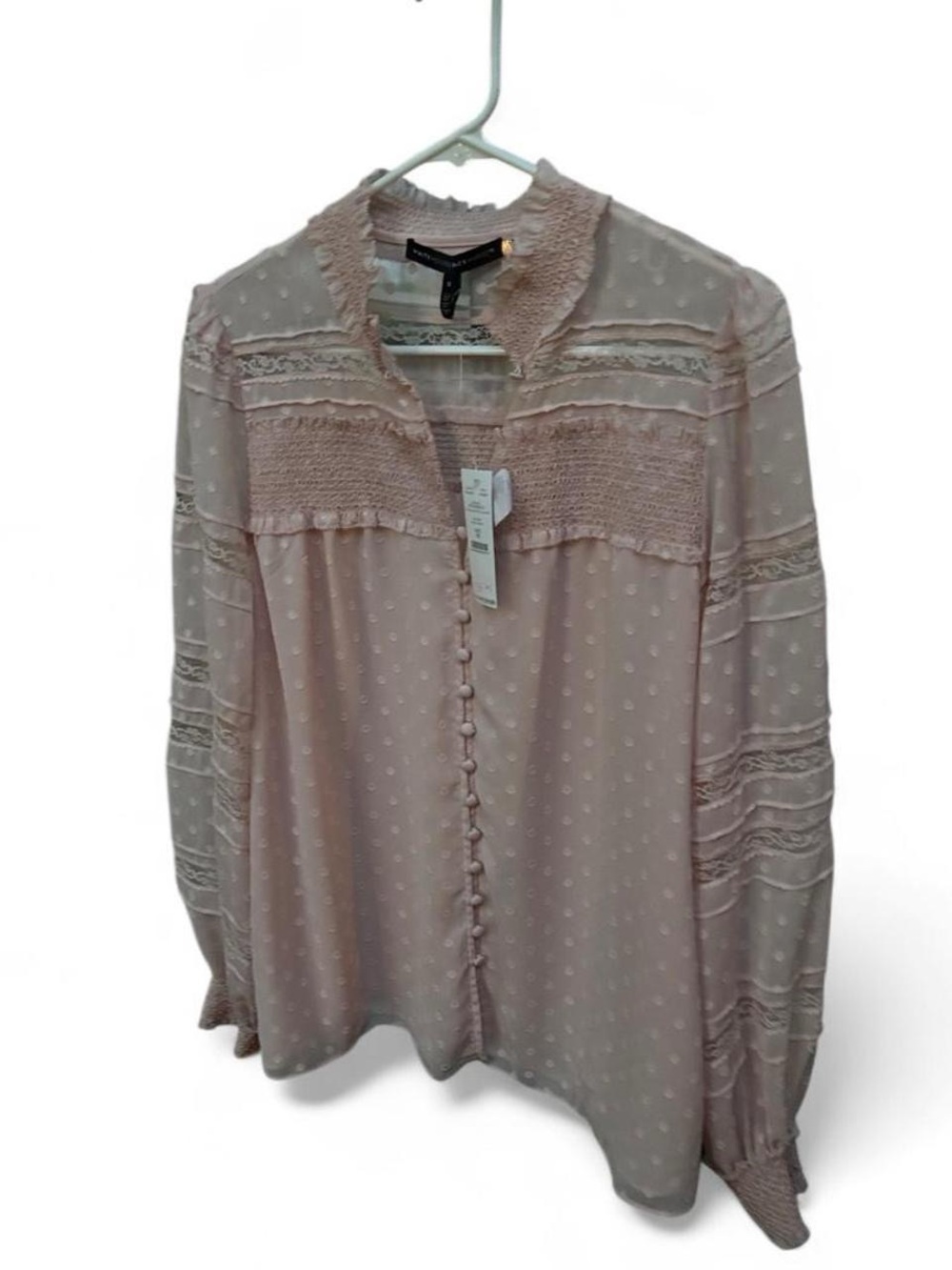 White House Black Market Blush Pink Swiss Dot Lace-Trim Blouse